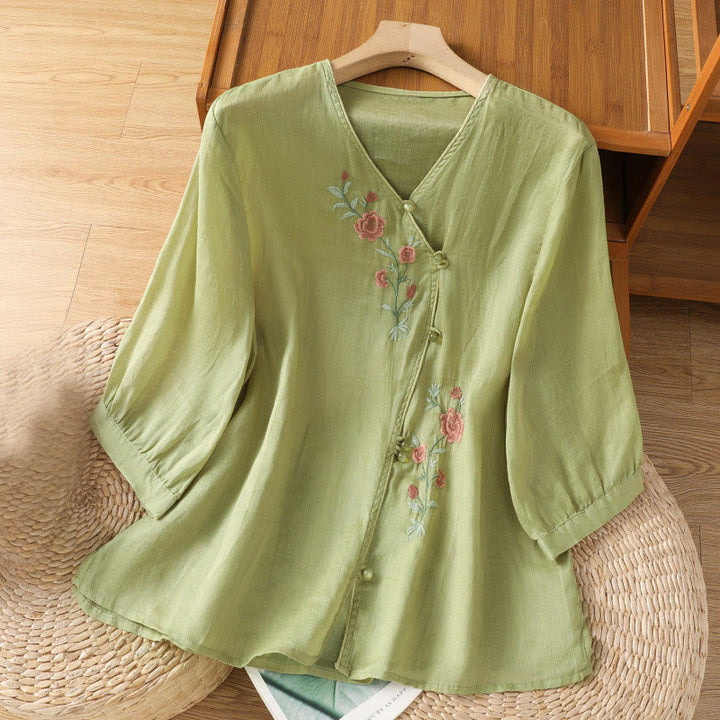 Buddha Stones刺繍の花柄レディースVネックシャツ - 黄緑 - US12、 UK/AU16、 EU44 (2XL) - image 7