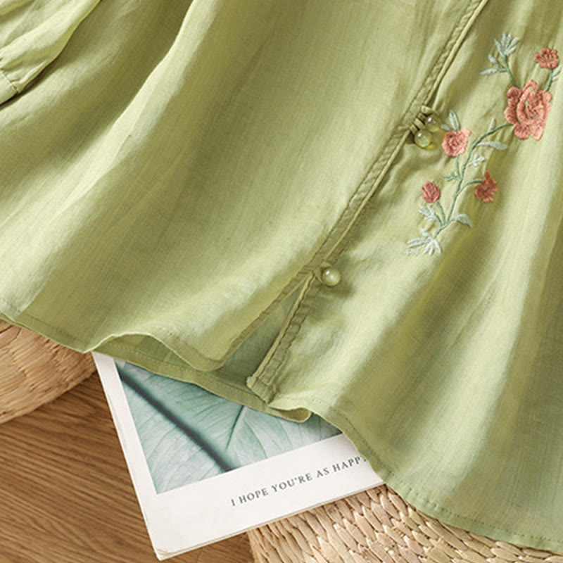 Buddha Stones刺繍の花柄レディースVネックシャツ - image 12