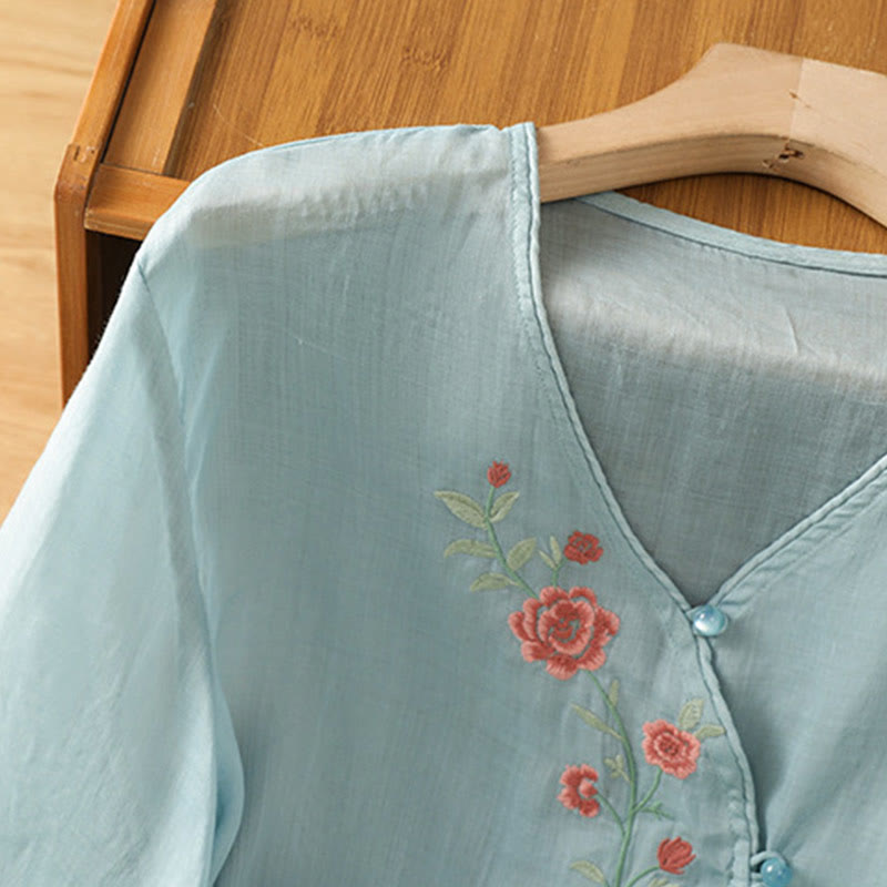 Buddha Stones刺繍の花柄レディースVネックシャツ - image 6