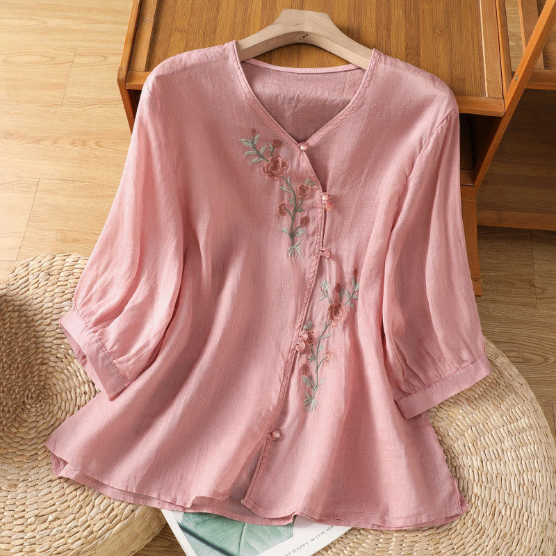 Buddha Stones刺繍の花柄レディースVネックシャツ - ライトピンク - US12、 UK/AU16、 EU44 (2XL) - image 13