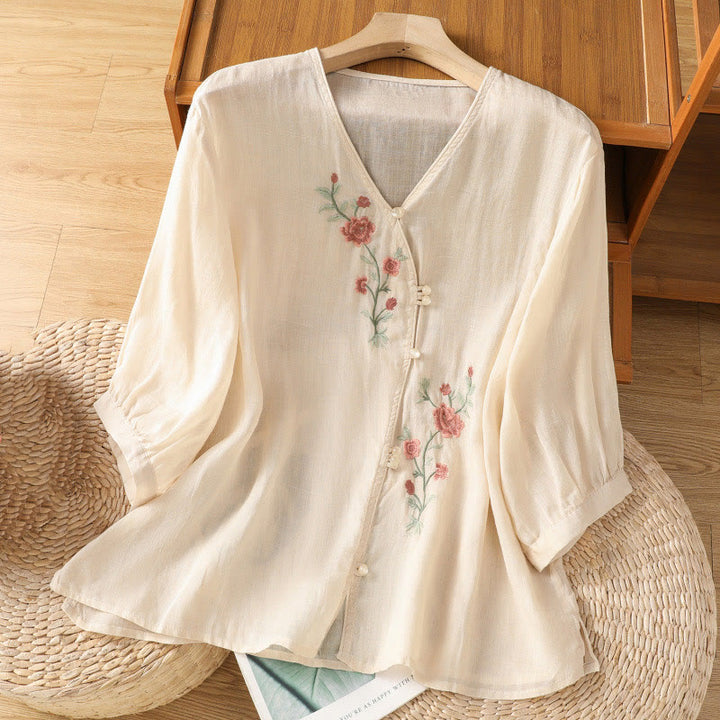 Buddha Stones刺繍の花柄レディースVネックシャツ - パパイヤホイップ - US12、 UK/AU16、 EU44 (2XL) - image 0