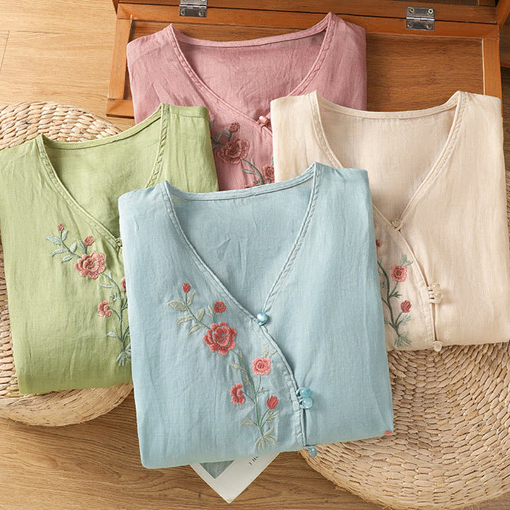 Buddha Stones刺繍の花柄レディースVネックシャツ - image 18