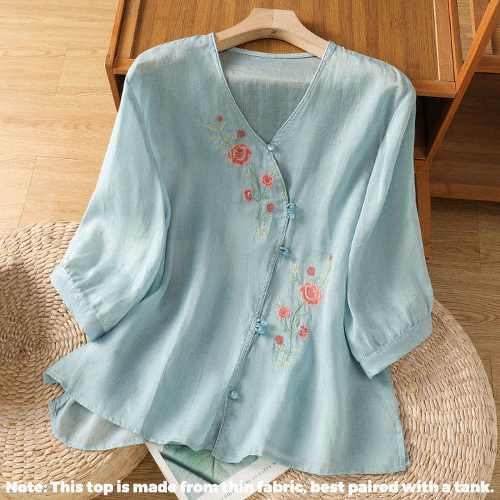 Buddha Stones刺繍の花柄レディースVネックシャツ - image 4