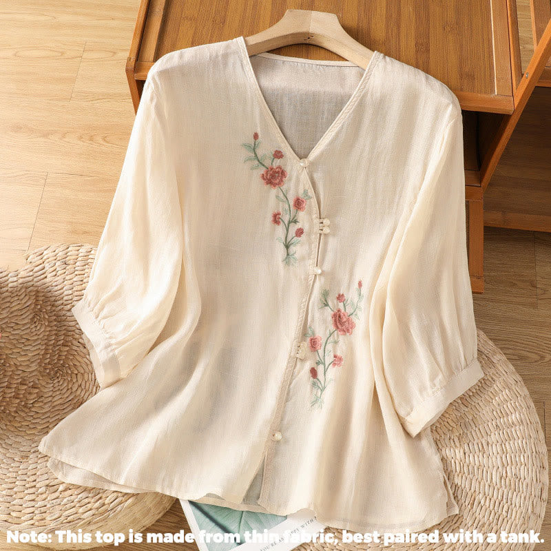 Buddha Stones刺繍の花柄レディースVネックシャツ - image 1