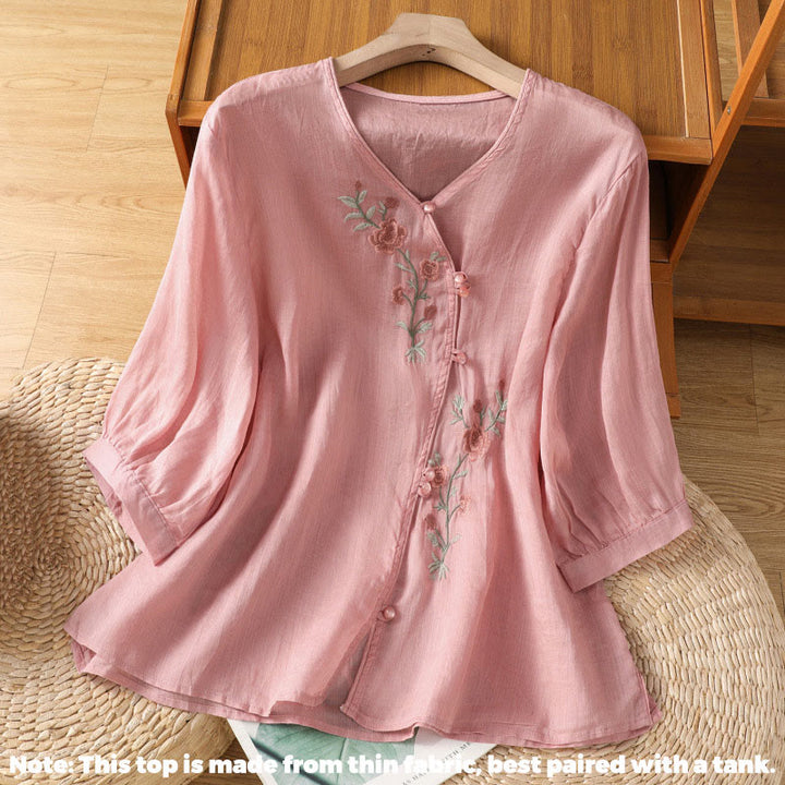 Buddha Stones刺繍の花柄レディースVネックシャツ - image 14