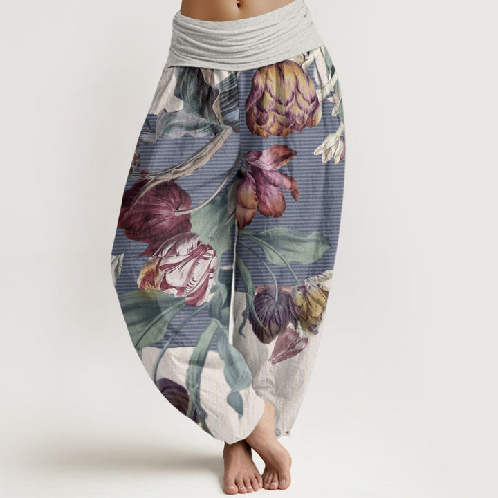 Buddha Stonesピュアコットン チューリップ グリーンリーフデザイン レディース 伸縮性ウエスト ハーレムパンツ - ベージュ - US22、 UK/AU26、 EU54 (6XL) - image 6