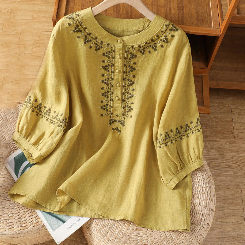 Buddha Stonesシンメトリー刺繍 コットン レディース クルーネック シャツ - カーキ - US14、 UK/AU18、 EU46 (2XL) - image 16