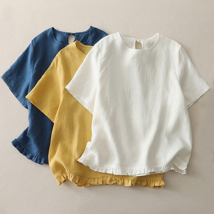 Buddha Stonesカジュアル 無地 フリルヘム クルーネック タイ レディース ポリエステル Tシャツ - image 17