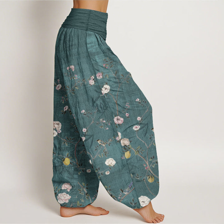 Buddha Stones純綿 ピンク 白 花 竹 葉 フルーツ デザイン レディース 伸縮性ウエスト ハーレムパンツ - image 2