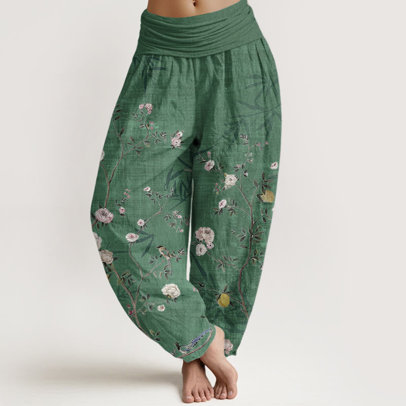 Buddha Stones純綿 ピンク 白 花 竹 葉 フルーツ デザイン レディース 伸縮性ウエスト ハーレムパンツ - スプリンググリーン - US22、 UK/AU26、 EU54 (6XL) - image 6