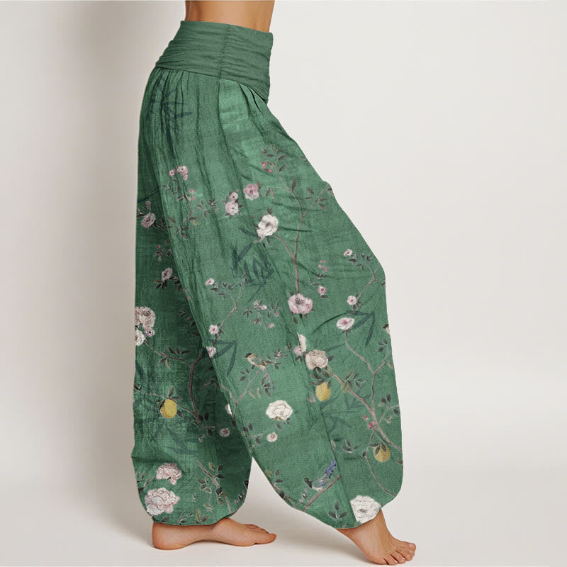 Buddha Stones純綿 ピンク 白 花 竹 葉 フルーツ デザイン レディース 伸縮性ウエスト ハーレムパンツ - image 8