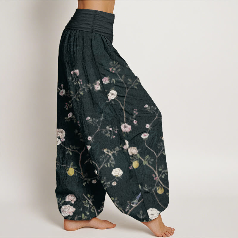 Buddha Stones純綿 ピンク 白 花 竹 葉 フルーツ デザイン レディース 伸縮性ウエスト ハーレムパンツ - image 11