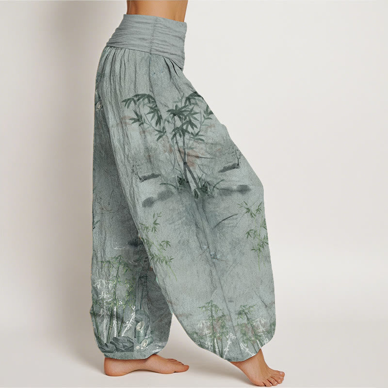 Buddha Stones純綿 カジュアル 竹 岩 水墨画 レディース 伸縮性ウエスト ハーレムパンツ - image 11