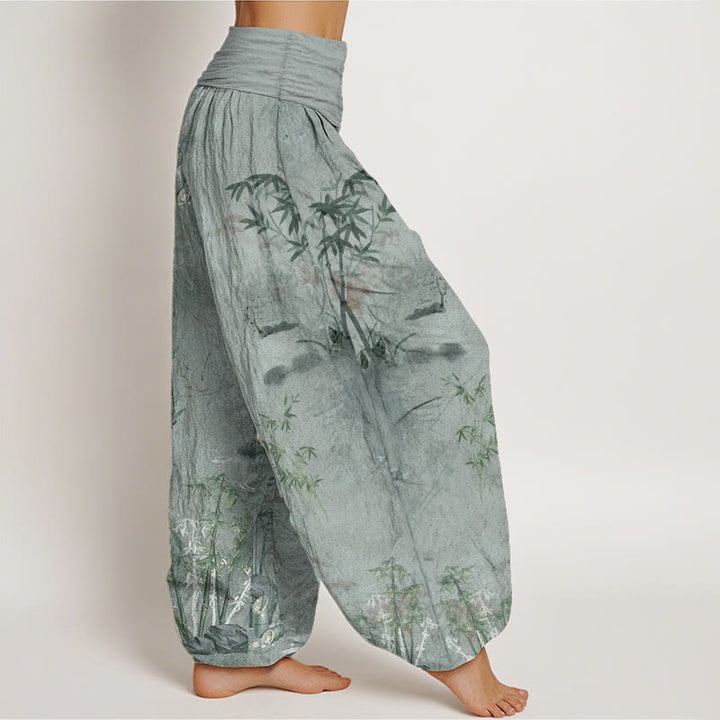 Buddha Stones純綿 カジュアル 竹 岩 水墨画 レディース 伸縮性ウエスト ハーレムパンツ - image 11
