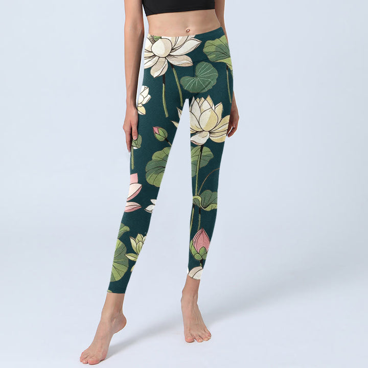 Buddha Stonesベージュ ピンク 蓮の花 葉 プリント ジムレギンス レディース ヨガパンツ - image 6
