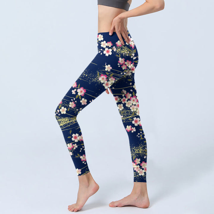 Buddha Stones、ピンク、マゼンタ、花、緑の葉のプリントジムレギンス、レディースヨガパンツ - image 3