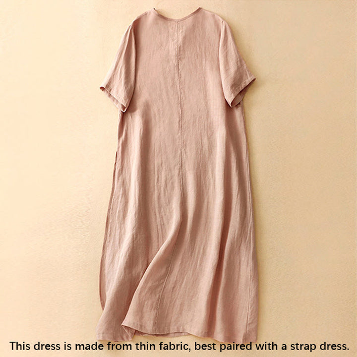 Buddha Stonesサマー Vネック フロッグボタン 半袖 コットンリネン レディース ミディドレス - image 1