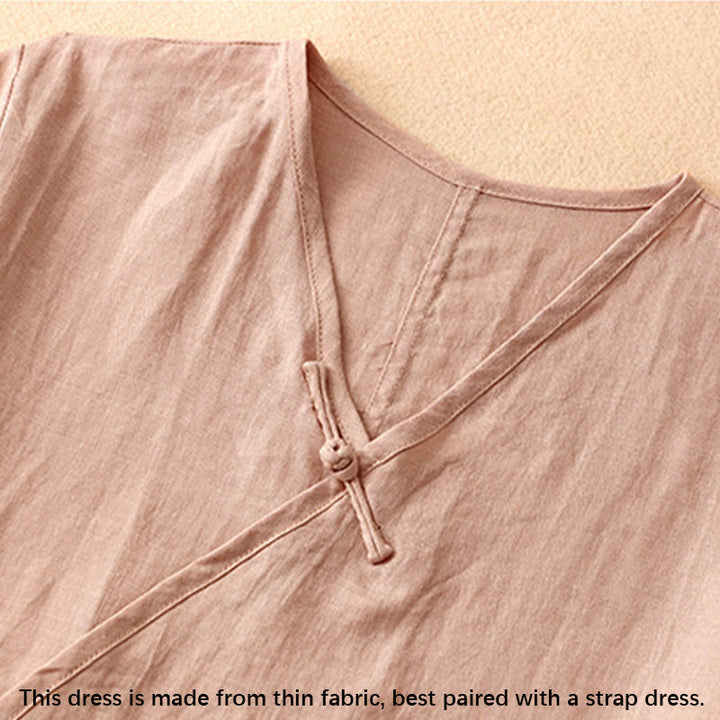 Buddha Stonesサマー Vネック フロッグボタン 半袖 コットンリネン レディース ミディドレス - image 2