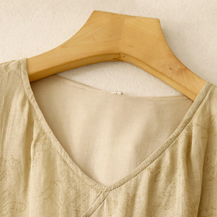 Buddha Stones夏 Vネック レースアップ 半袖 コットンリネン レディース ミディドレス ポケット付き - image 2