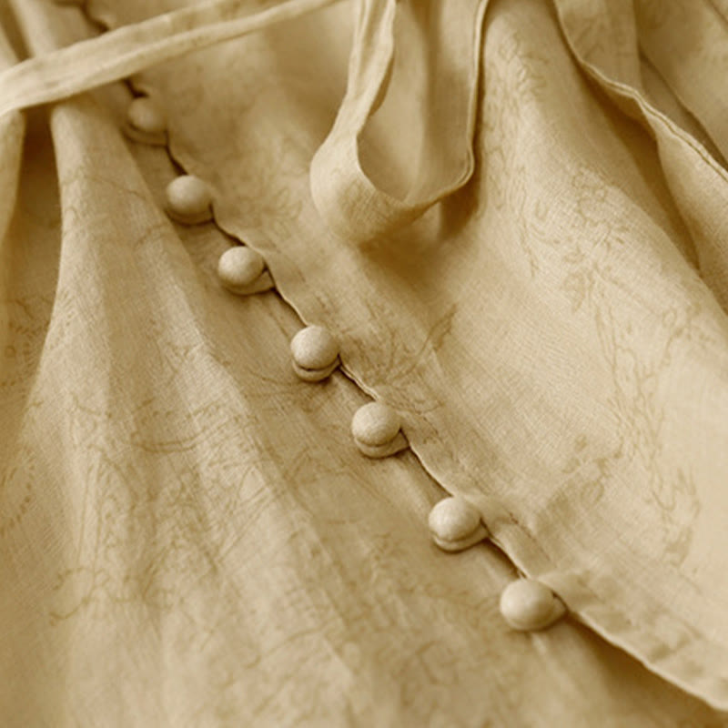 Buddha Stones夏 Vネック レースアップ 半袖 コットンリネン レディース ミディドレス ポケット付き - image 7