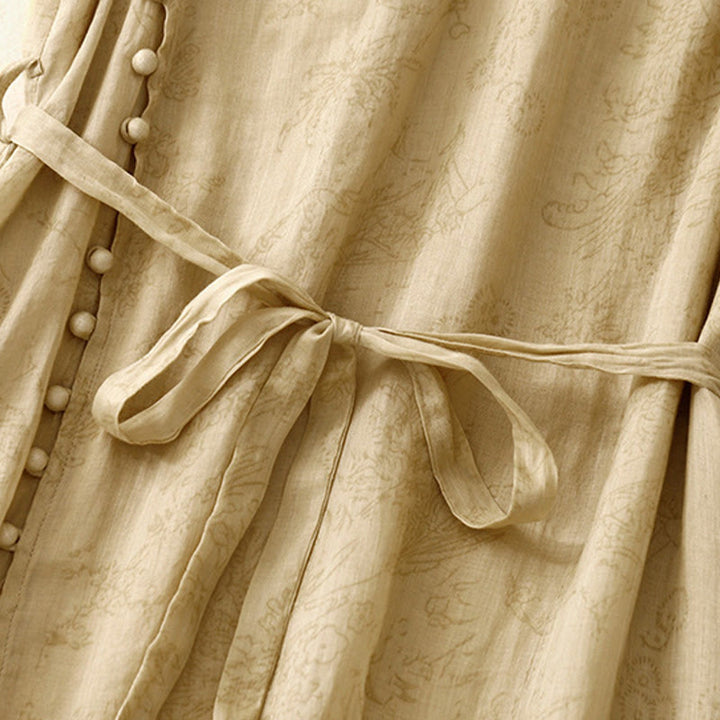 Buddha Stones夏 Vネック レースアップ 半袖 コットンリネン レディース ミディドレス ポケット付き - image 5