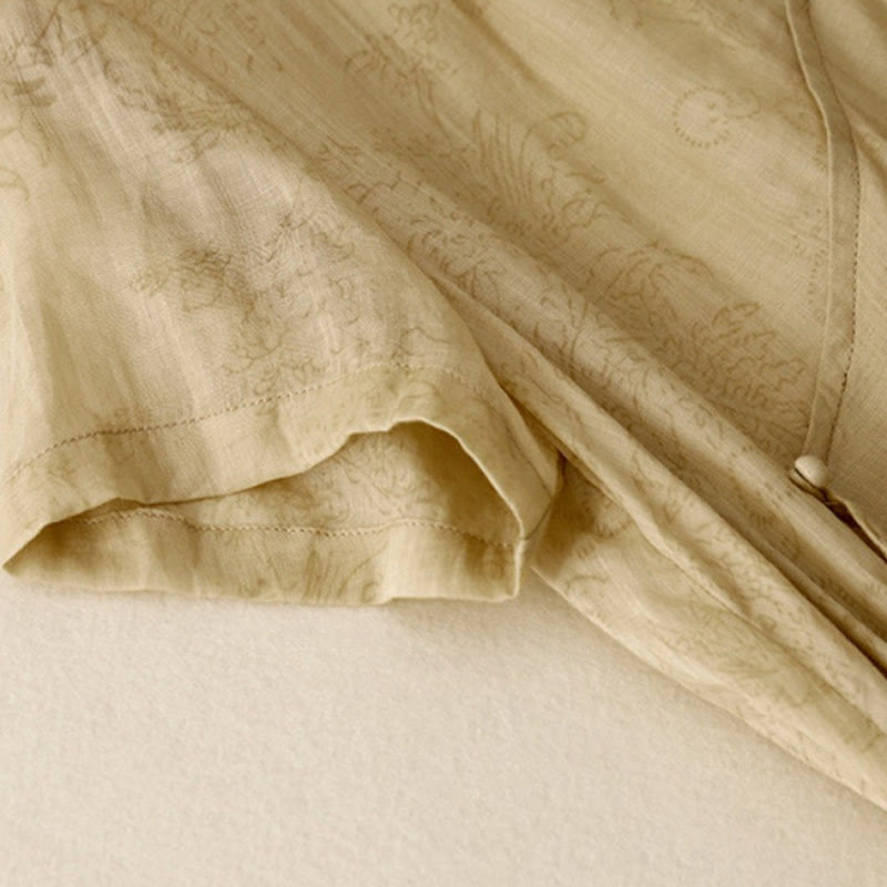 Buddha Stones夏 Vネック レースアップ 半袖 コットンリネン レディース ミディドレス ポケット付き - image 4