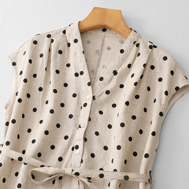 Buddha Stonesサマー ドット柄 Vネック レースアップ コットンリネン レディース ミディドレス ポケット付き - image 10