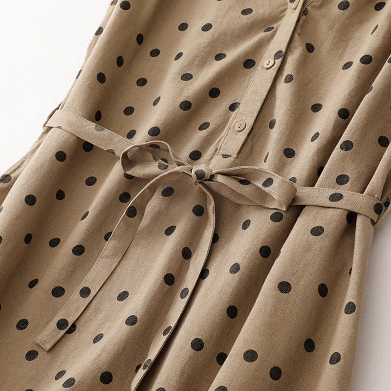 Buddha Stonesサマー ドット柄 Vネック レースアップ コットンリネン レディース ミディドレス ポケット付き - image 5