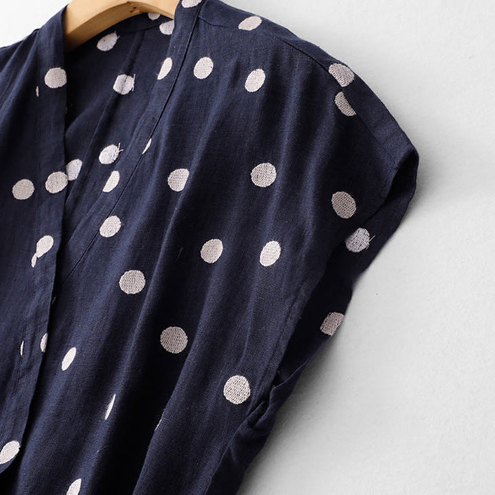 Buddha Stones水玉模様 Vネック レースアップ コットンリネン レディース ミディドレス ポケット付き - image 2