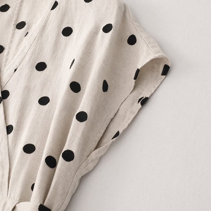 Buddha Stones水玉模様 Vネック レースアップ コットンリネン レディース ミディドレス ポケット付き - image 11