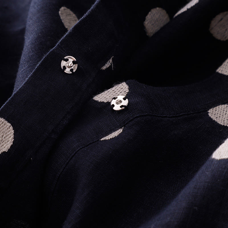 Buddha Stones水玉模様 Vネック レースアップ コットンリネン レディース ミディドレス ポケット付き - image 4