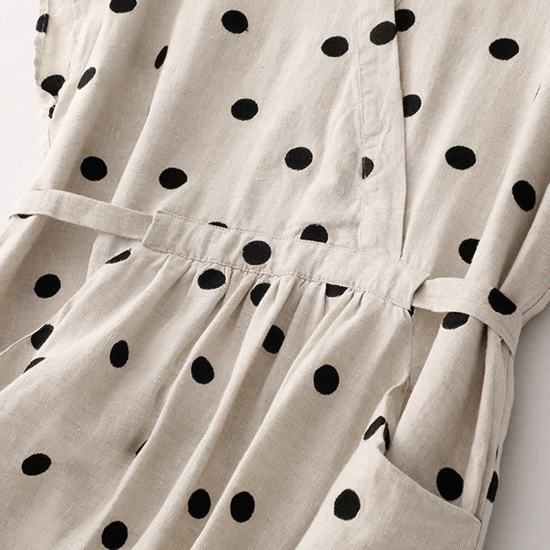 Buddha Stones水玉模様 Vネック レースアップ コットンリネン レディース ミディドレス ポケット付き - image 12