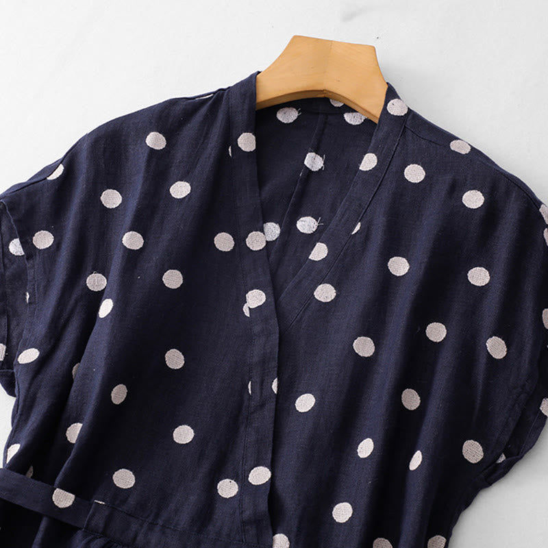 Buddha Stones水玉模様 Vネック レースアップ コットンリネン レディース ミディドレス ポケット付き - image 1