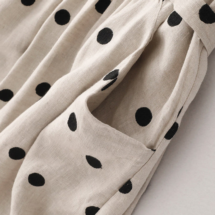 Buddha Stones水玉模様 Vネック レースアップ コットンリネン レディース ミディドレス ポケット付き - image 13