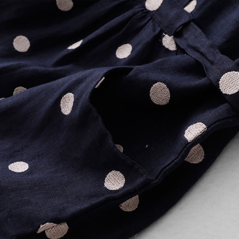 Buddha Stones水玉模様 Vネック レースアップ コットンリネン レディース ミディドレス ポケット付き - image 5