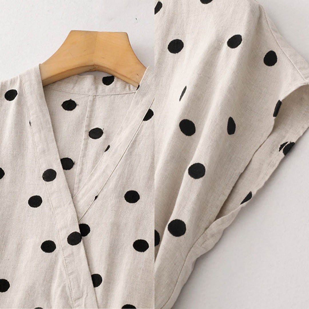 Buddha Stones水玉模様 Vネック レースアップ コットンリネン レディース ミディドレス ポケット付き - image 16