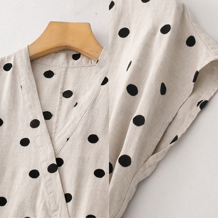 Buddha Stones水玉模様 Vネック レースアップ コットンリネン レディース ミディドレス ポケット付き - image 16