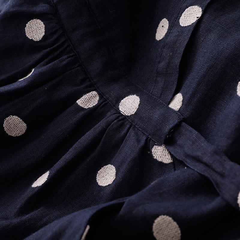 Buddha Stones水玉模様 Vネック レースアップ コットンリネン レディース ミディドレス ポケット付き - image 3