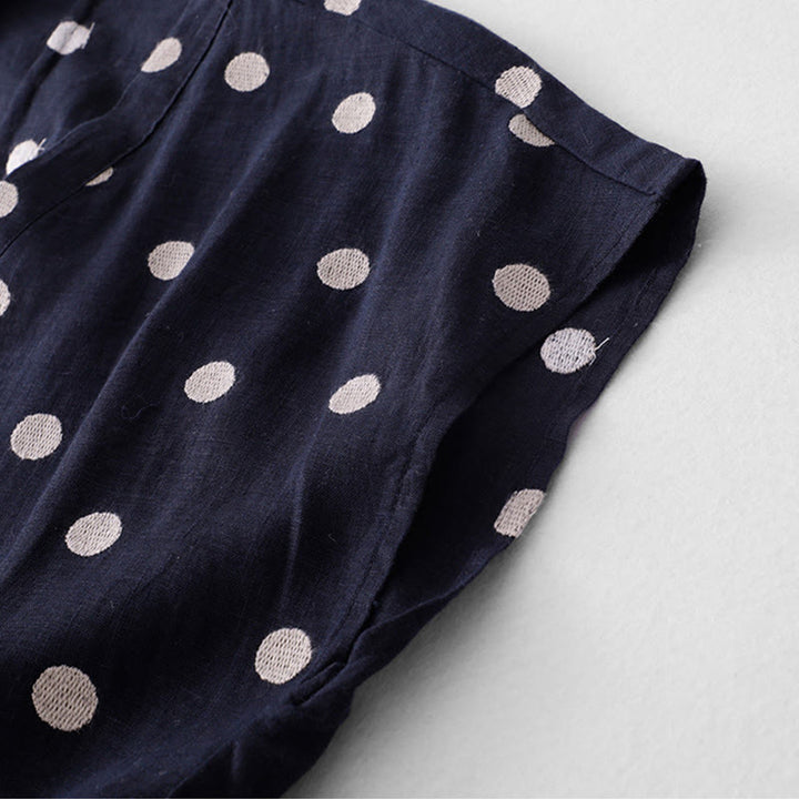 Buddha Stones水玉模様 Vネック レースアップ コットンリネン レディース ミディドレス ポケット付き - image 6