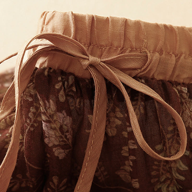 Buddha Stones花柄 Aライン ゴムウエスト コットンリネン レディース スカート ポケット付き - image 5