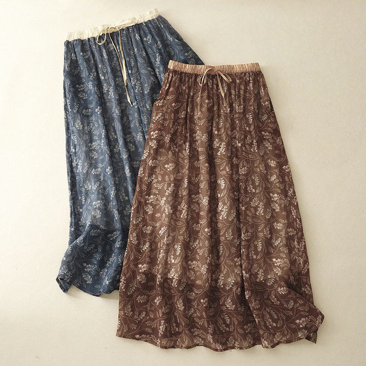 Buddha Stones花柄 Aライン ゴムウエスト コットンリネン レディース スカート ポケット付き - image 1