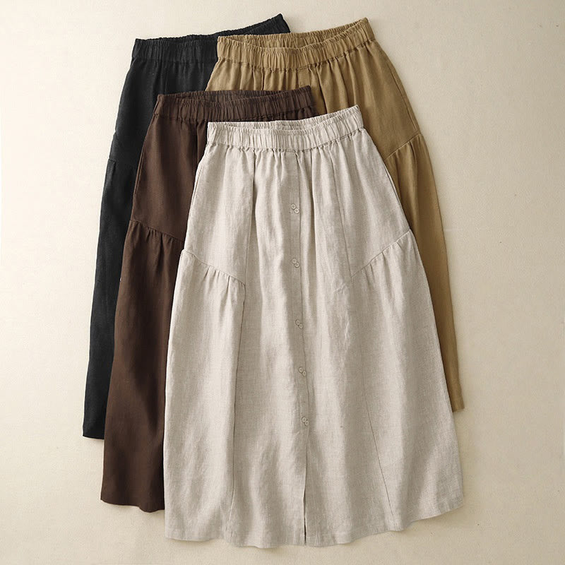 Buddha StonesAライン ボタン スリットデザイン 伸縮性ウエスト コットン レディース スカート ポケット付き - image 1