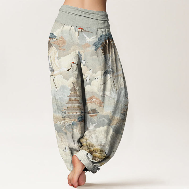 Buddha Stones、カジュアル、鶴、雲、塔柄、レディースハーレムパンツ - image 2