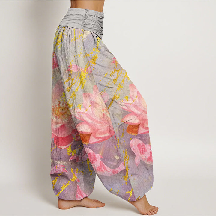 Buddha Stonesコットンカジュアル蓮の花鯉柄レディースハーレムパンツ - image 2