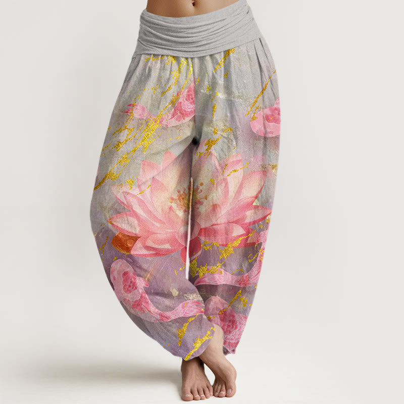 Buddha Stonesコットンカジュアル蓮の花鯉柄レディースハーレムパンツ - ダークグレー - US22、 UK/AU26、 EU54 (6XL) - image 0