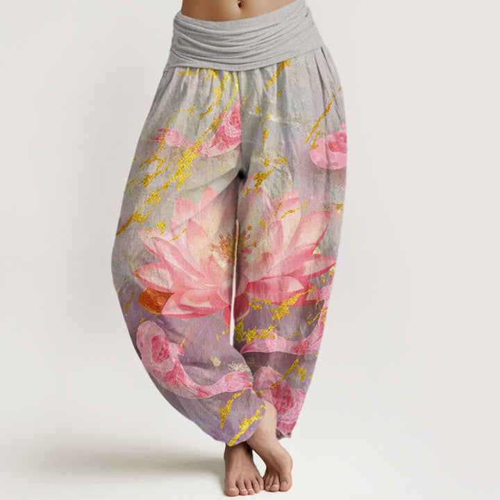 Buddha Stonesコットンカジュアル蓮の花鯉柄レディースハーレムパンツ - ダークグレー - US22、 UK/AU26、 EU54 (6XL) - image 0