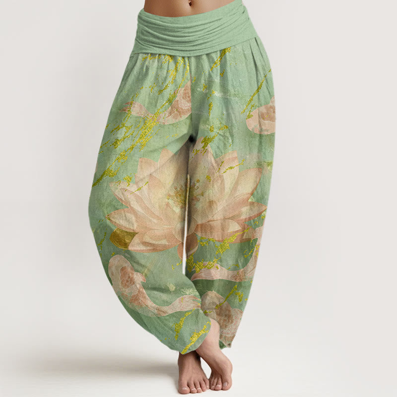 Buddha Stonesコットンカジュアル蓮の花鯉柄レディースハーレムパンツ - ライトグリーン - US22、 UK/AU26、 EU54 (6XL) - image 4