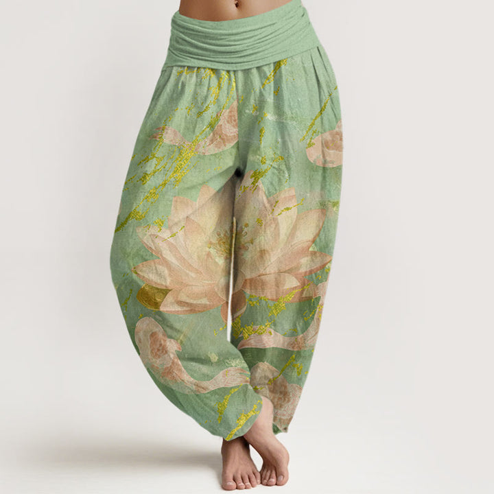 Buddha Stonesコットンカジュアル蓮の花鯉柄レディースハーレムパンツ - ライトグリーン - US22、 UK/AU26、 EU54 (6XL) - image 4