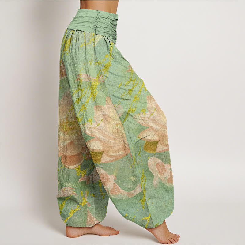 Buddha Stonesコットンカジュアル蓮の花鯉柄レディースハーレムパンツ - image 6