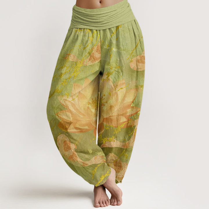 Buddha Stonesカジュアル 蓮の花鯉柄 レディース ハーレムパンツ - グリーンイエロー - US22、 UK/AU26、 EU54 (6XL) - image 7